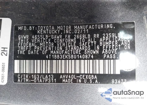 2011 Toyota Camry Hybrid z USA, uszkodzony, nr VIN 4T1BB3EK5BU140874